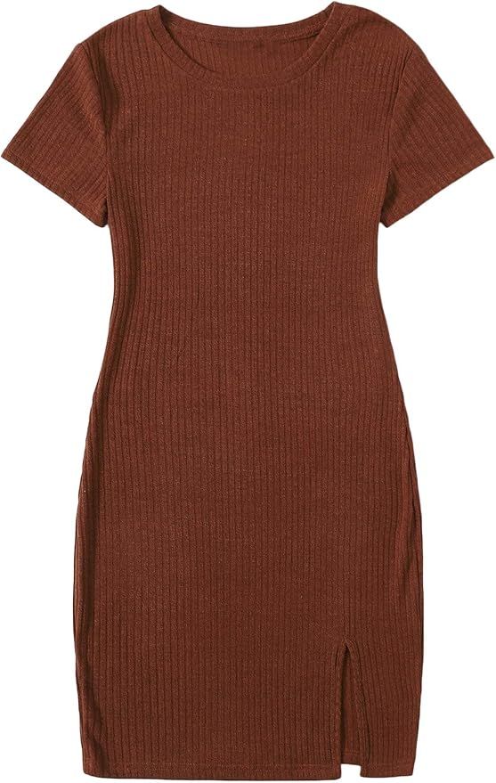 Milumia Women's Elegant Ribbed Knit Split Hem Short Sleeve Bodycon Pencil Mini Dress | Amazon (US)