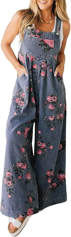 ebossy Women's Floral Denim Bib Overalls Adjustable Straps Sleeveless Wide Leg Long Jean Jumpsuit | Amazon (US)