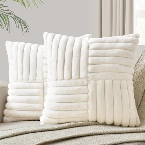 Foindtower Pack of 2, Faux Fur Plush Decorative Throw Pillow Covers Soft Fluffy Velvet Cushion Case Cozy Fuzzy Striped Pillowcase Home Decor for Sofa Couch Living Room Bedroom 18x18 Inch, Cream White | Amazon (US)
