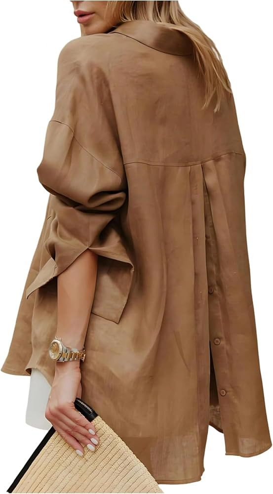 GORGLITTER Women's Oversized Button Up Shirt Long Sleeve Slit Back Blouse Office Business Casual ... | Amazon (US)