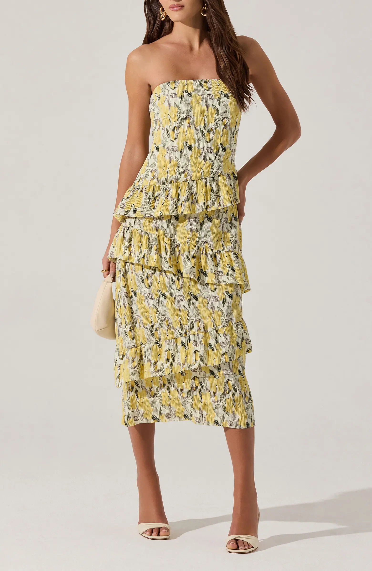 Plissé Asymmetric Tiered Ruffle Strapless Midi Dress | Nordstrom