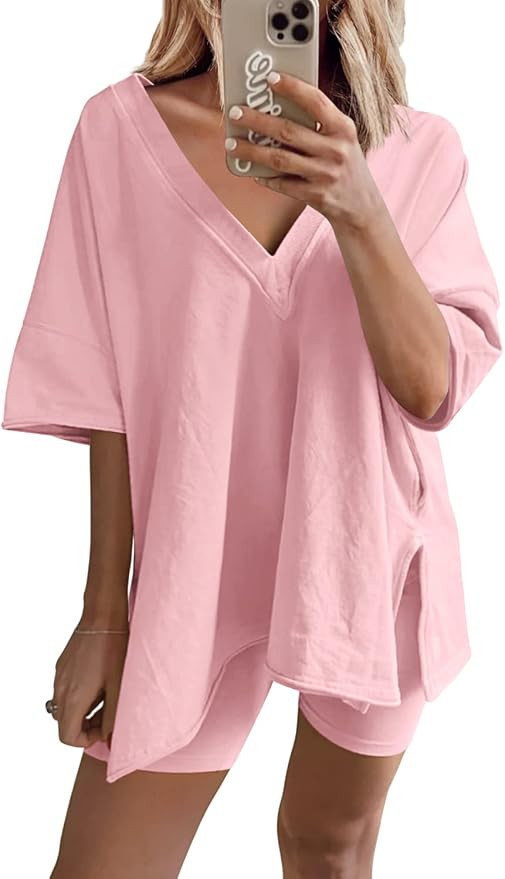 Yanekop Womens Oversized 2 Piece Outfit Sets Reversible V Neck T Shirt Biker Shorts Sports Tracks... | Amazon (US)