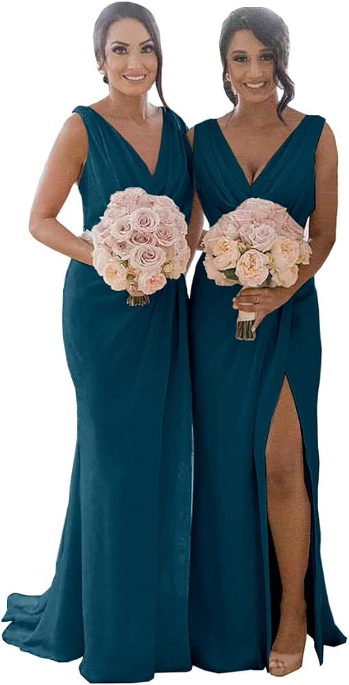 Women's V Neck Bridesmaid Dresses for Wedding Wrap Chiffon Long Formal Dresses with Slit | Amazon (US)