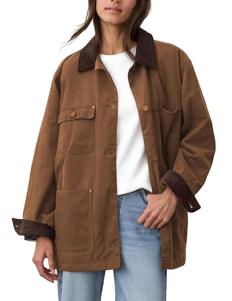 Barn Jackets for Women 2025 Fall Oversized Utility Cotton Coat Corduroy Collar Vintage Workwear w... | Amazon (US)