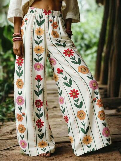 Balvessa Women's Floral Print Wide Leg Pants, Vacation Style | SHEIN