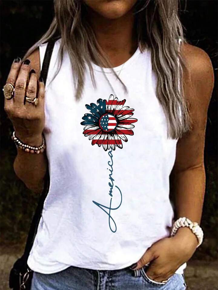 SHEIN LUNE Women's Sunflower & Letter Printed Tank Top | SHEIN