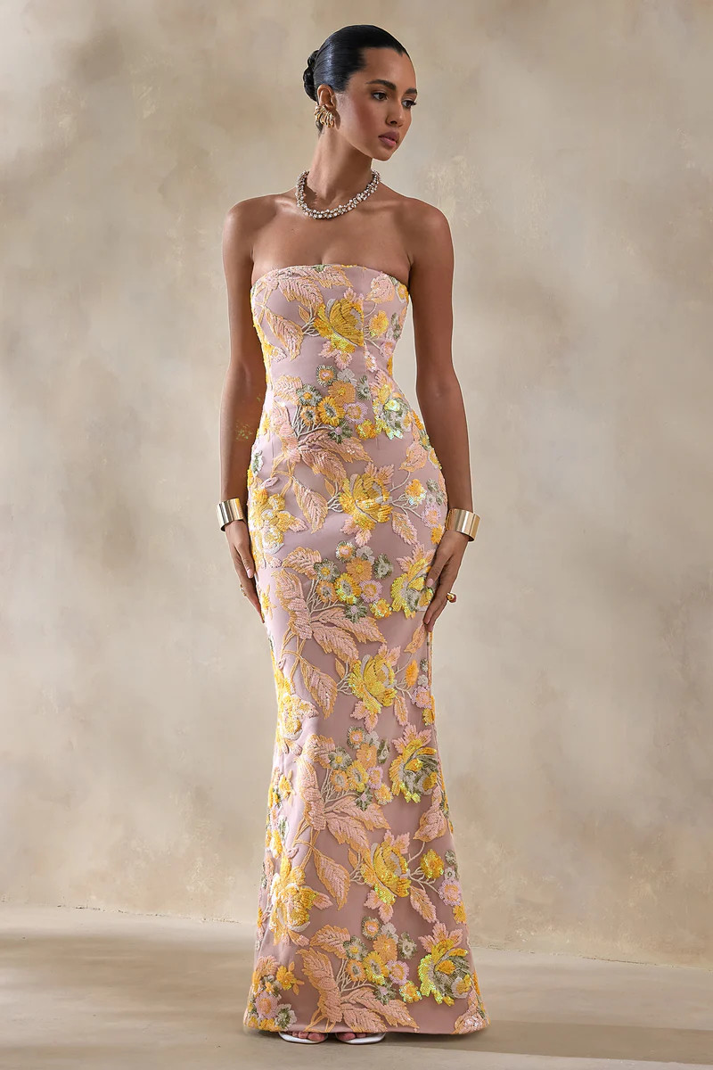 Severn  Yellow Embellished Floral Bandeau Maxi Dress | Club L London