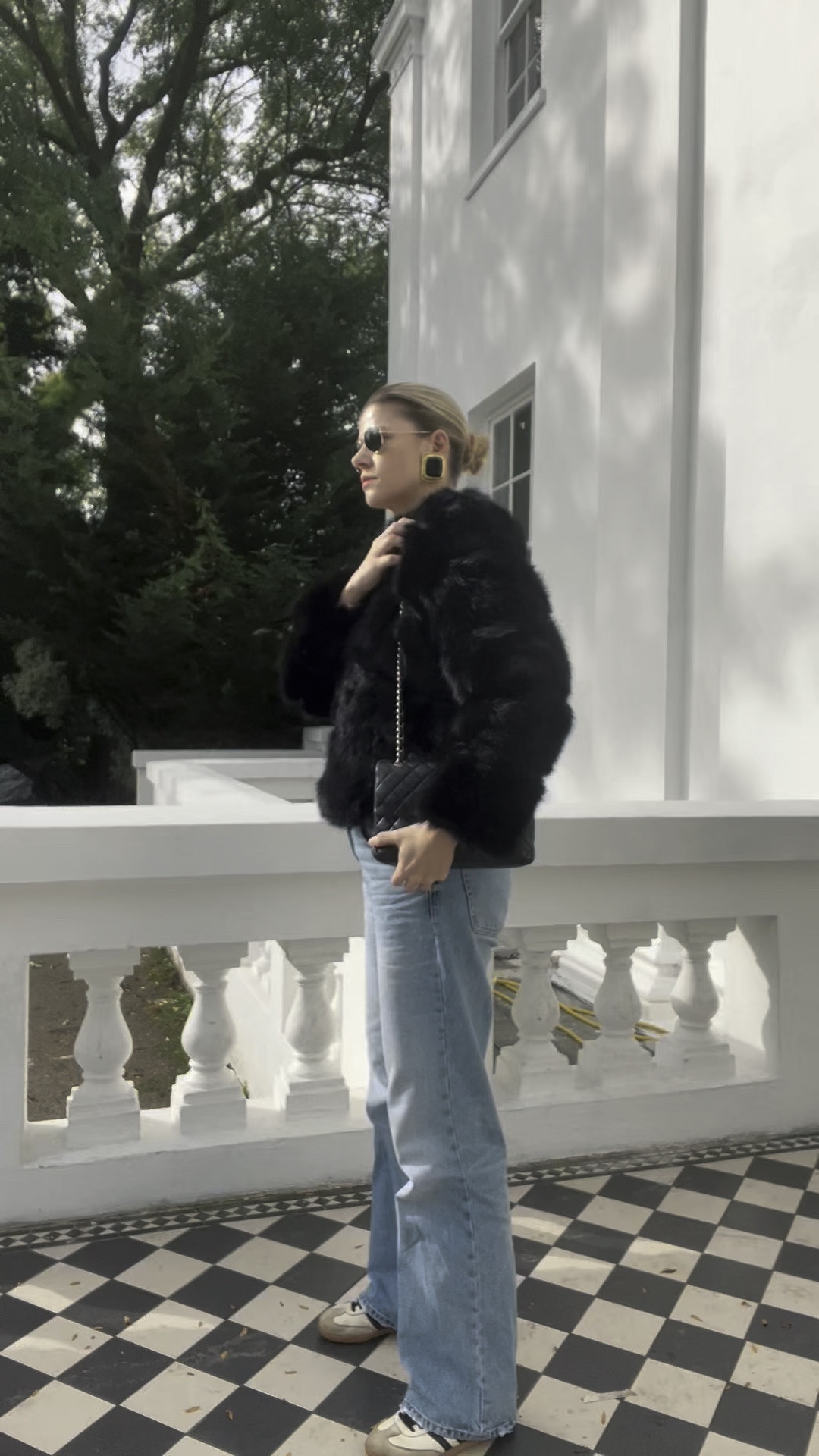 Straight jeans, faux fur coat, black short coat, fur coat, raybans, statement earrings 

#LTKluxury #LTKeurope #LTKuk