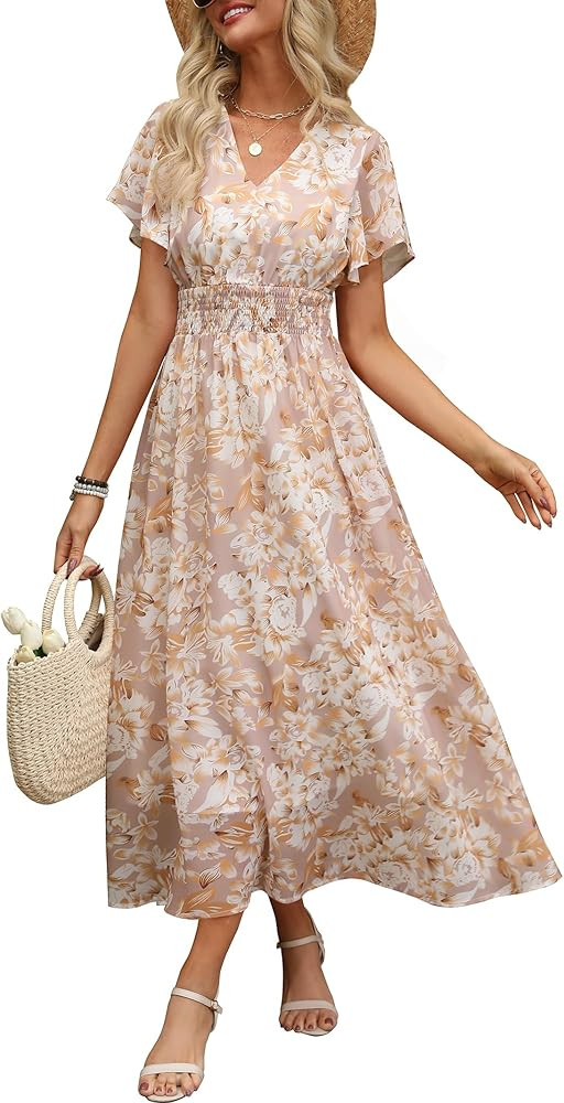 ANRABESS Womens Summer Floral Maxi Dress Casual V Neck Short Sleeve Chiffon Boho Flowy Beach 2025... | Amazon (US)