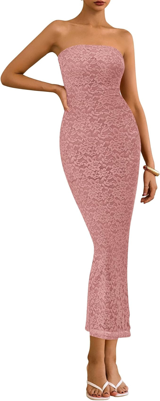 BTFBM Women Strapless Lace Formal Maxi Dress Summer Bodycon Tube Back Slit Cocktail Vacation Beac... | Amazon (US)