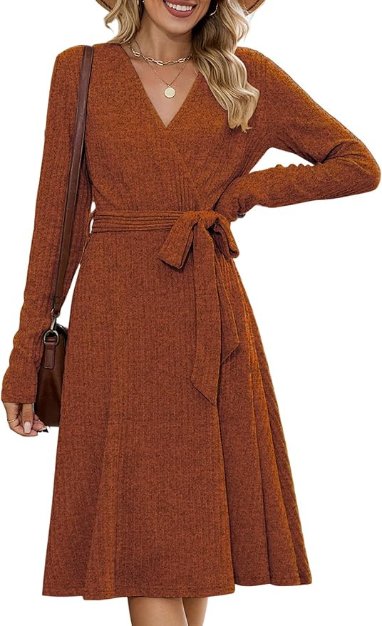 ZAFUL Women's 2025 Casual V Neck Long Sleeve Sweater Dress Wrap Ribbed Knit Pleated Midi Dresses ... | Amazon (US)