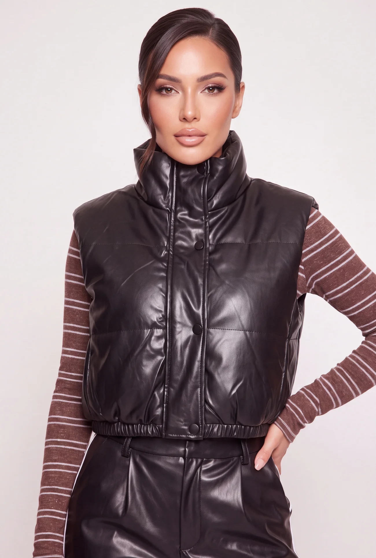 Faux Leather Zip and Button Front Puffer Vest | Rainbow Shops