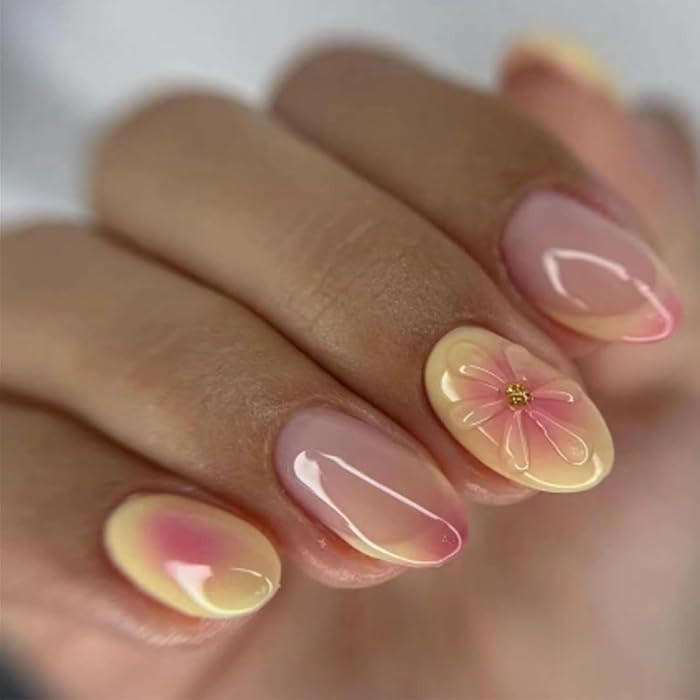 French Tip Press on Nails Short Almond Fake Nails 5D Flower False Nails with Designs Yellow Nail ... | Amazon (US)