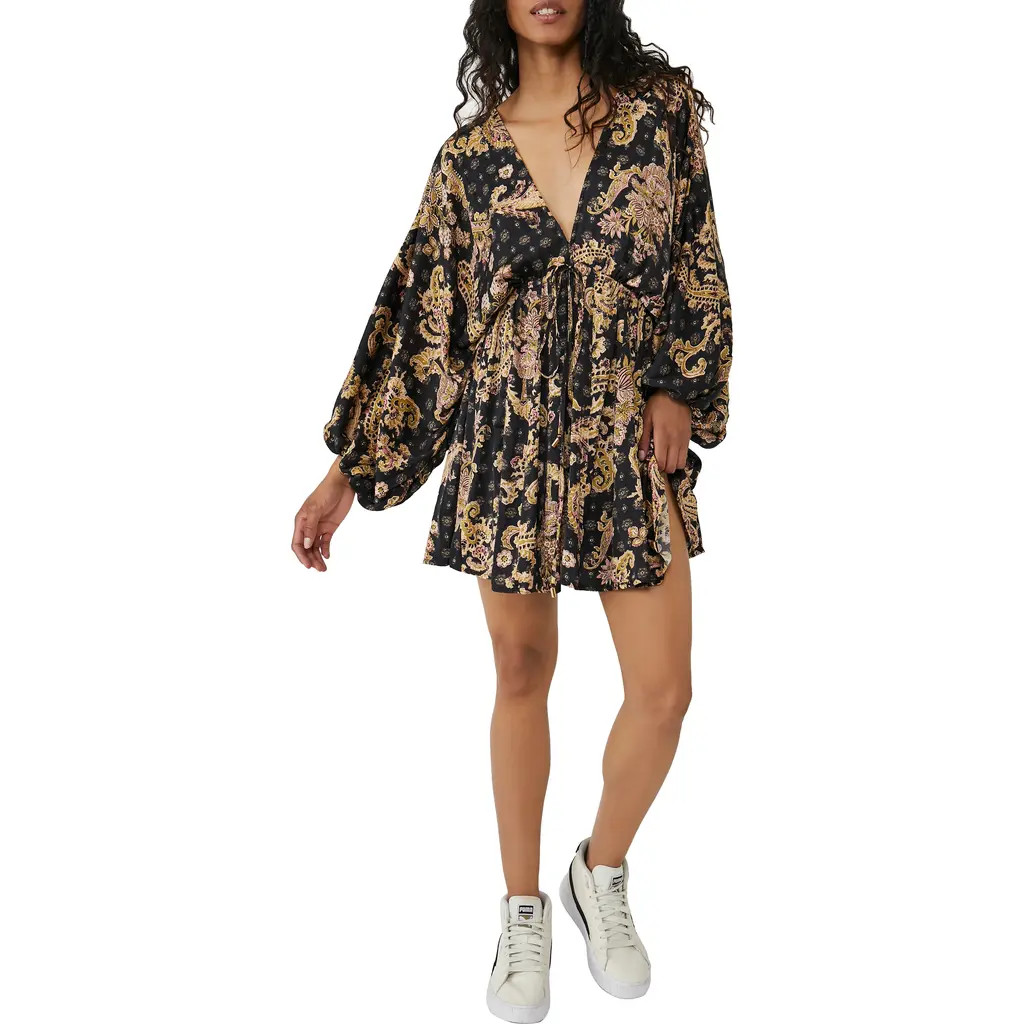 Free People Arzel Print Long Sleeve Minidress in Black Combo at Nordstrom, Size Small | Nordstrom