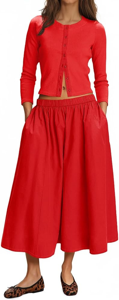 Tankaneo Womens 2 Piece Skirt Sets 3/4 Sleeve Knit Cardigan Elastic Waist Midi Skirt Outfits Casu... | Amazon (US)