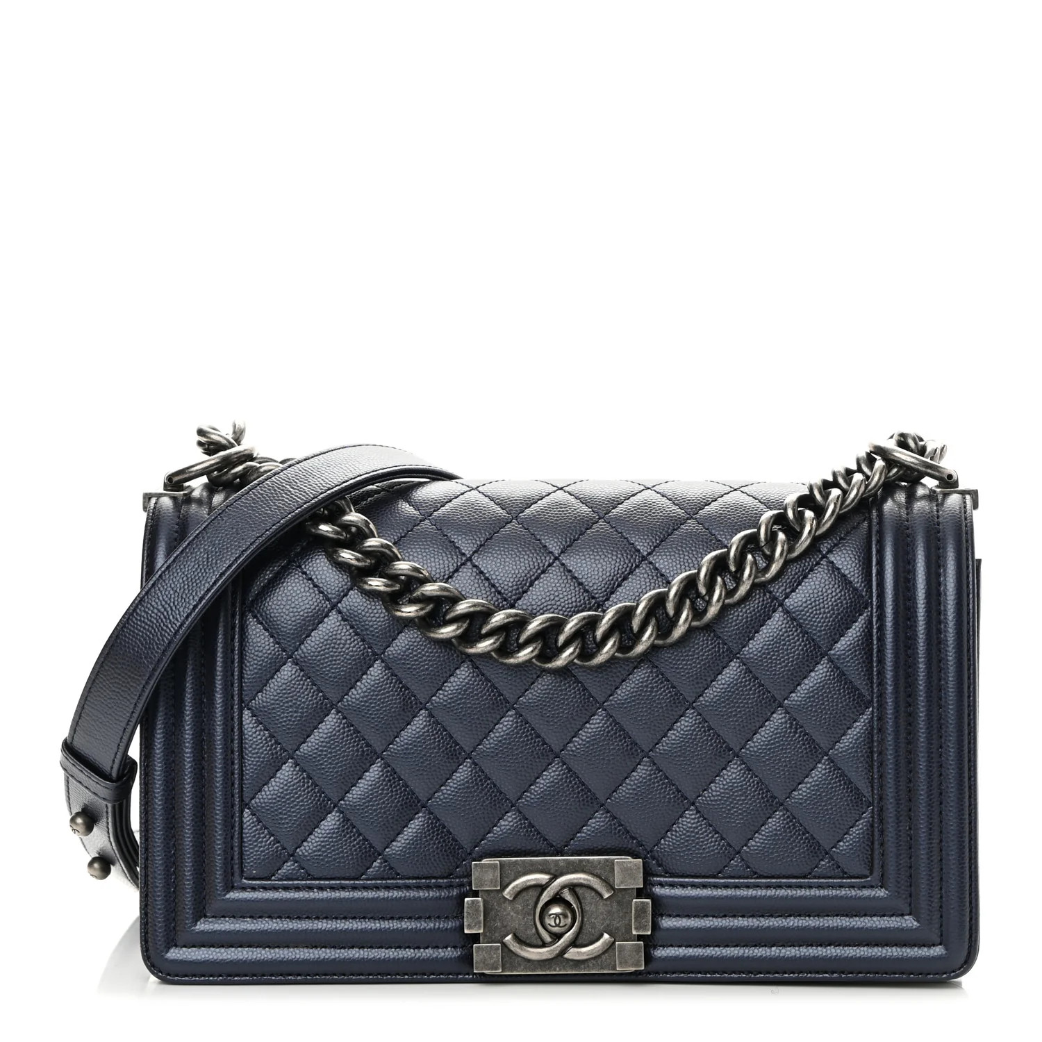 Metallic Caviar Quilted Medium Boy Flap Navy | FASHIONPHILE (US)