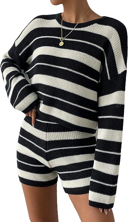 Verdusa Women's 2 Piece Outfit Striped Knitted Long Sleeve Sweater Top and Lounge Shorts Sets | Amazon (US)