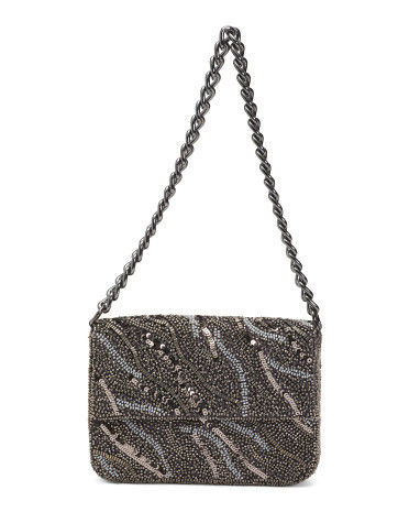 Beaded Metallic Wave Pattern Flap Shoulder Bag For Women, Leather | TJ Maxx