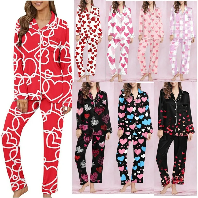 POTETI Button Down Pjs for Women Valentine's Day Silk Pajamas for Women Set Notch Collar Heart Pr... | Walmart (US)