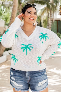 Below The Equator Ivory Palm Print Sweater | Pink Lily
