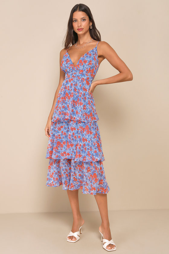 Adorable Obsession Blue Floral Print Lurex Tiered Midi Dress | Lulus