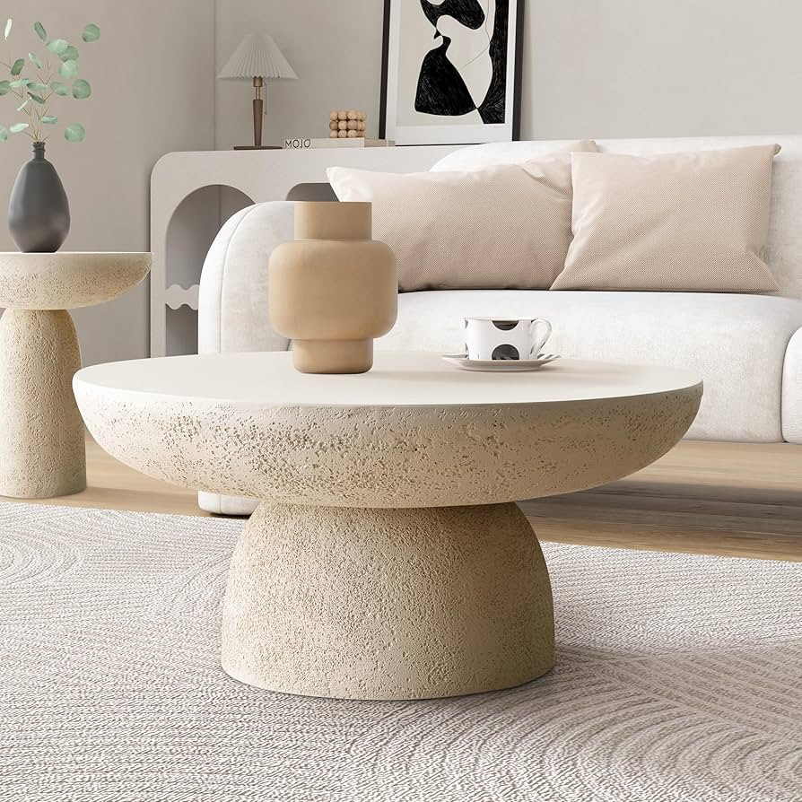 Round Terrazzo Coffee Table, 32.6" Fiberglass with Sandstone Finish, All-Weather Pedestal Base, M... | Amazon (US)
