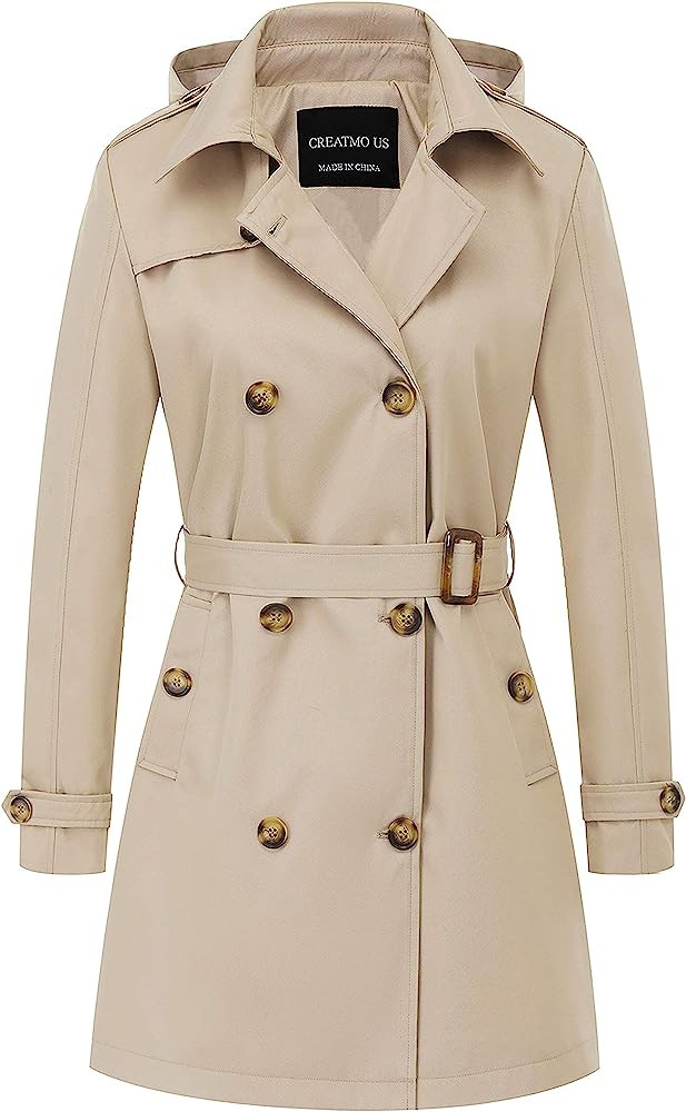 CREATMO US Women's Trench Coat Double-Breasted Classic Lapel Overcoat Belted Slim Outerwear Coat ... | Amazon (US)