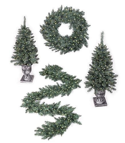 KING OF CHRISTMAS Pre-Lit Holiday Christmas 4-Piece Set, Tribeca Spruce Blue Garland, Wreath and Set of 2 Entrance Trees with Warm White LED Lights, Battery Operated, Artificial Christmas Decor Set | Amazon (US)