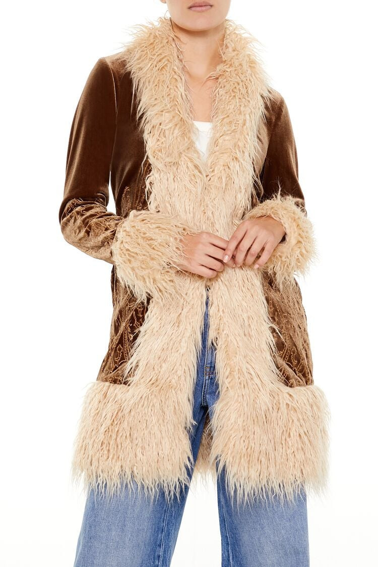 Faux Fur-Trim Embroidered Coat | Forever 21