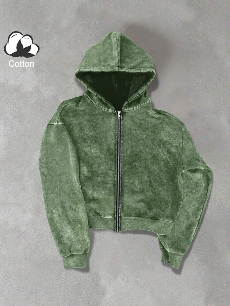 PAVTROS Plain Green Knitted Fabric Men's Hoodie Short Length Zip-Up With Drop Shoulder Long Sleeve Tops | SHEIN