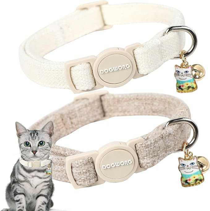 Cat Collar,2 Pack White Hemp Cat Collars Breakaway with Bell, DOGWONG Safety Buckle Wedding Cat C... | Amazon (US)