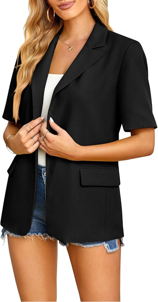 Womens Casual Blazers Open Front Short Sleeve Work Office Blazer Summer Slim Lapel Button Jackets... | Amazon (US)