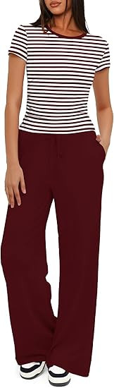 Darong Women's 2 Piece Set Outfits Lounge Sets Ruched Short Sleeve Tops High Waisted Wide Leg Pan... | Amazon (US)