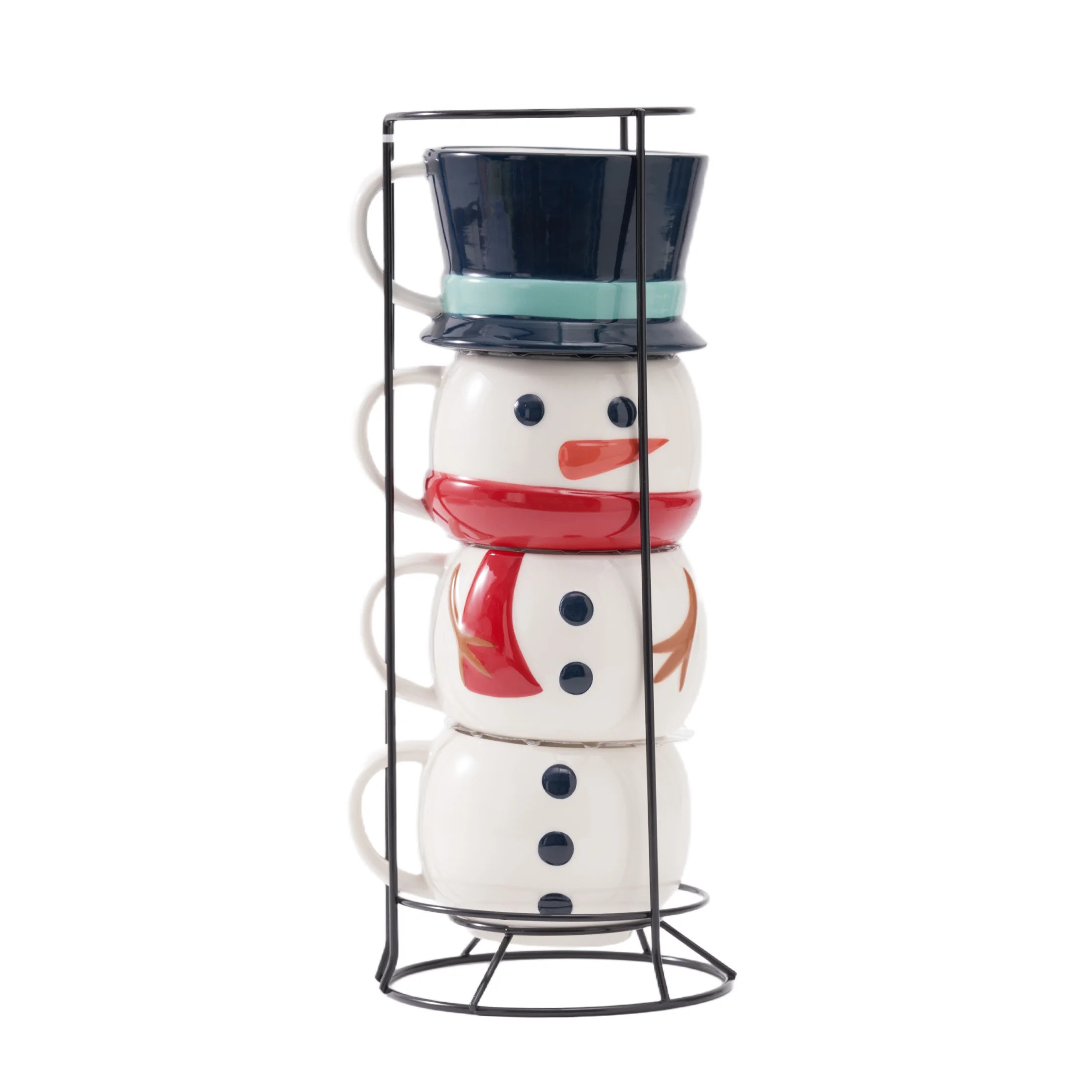 Snowman Stacking Ceramic Mug Set with Rack 12 OZ 5-Piece Holiday Time | Walmart (US)