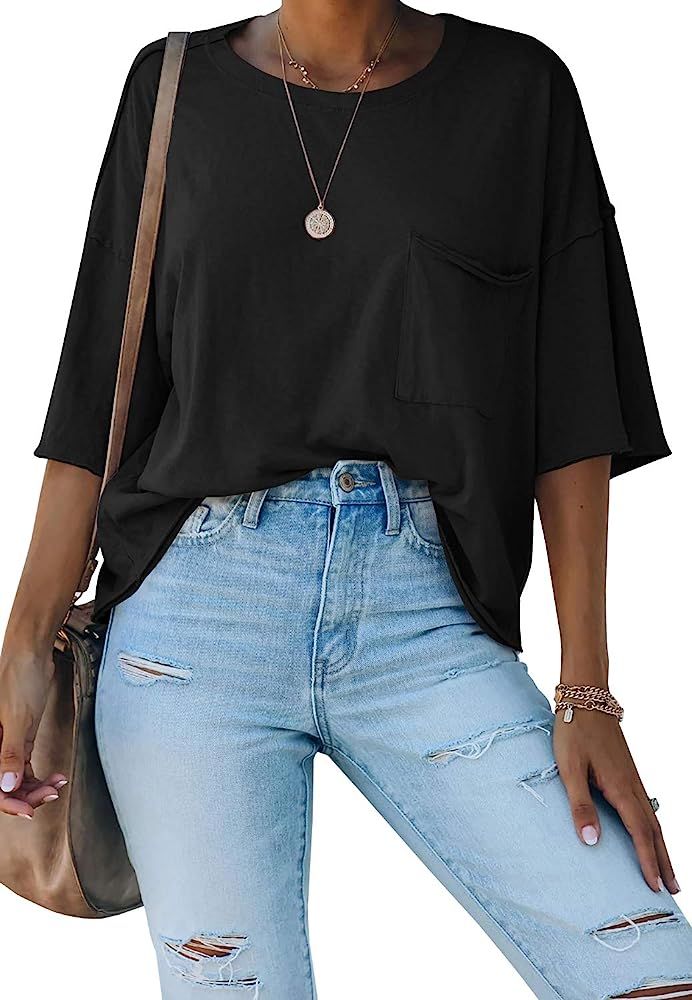 Kathemoi Womens Crewneck Half Sleeve T Shirt Oversized Casual Summer Pullover Blouse Tops with Po... | Amazon (US)