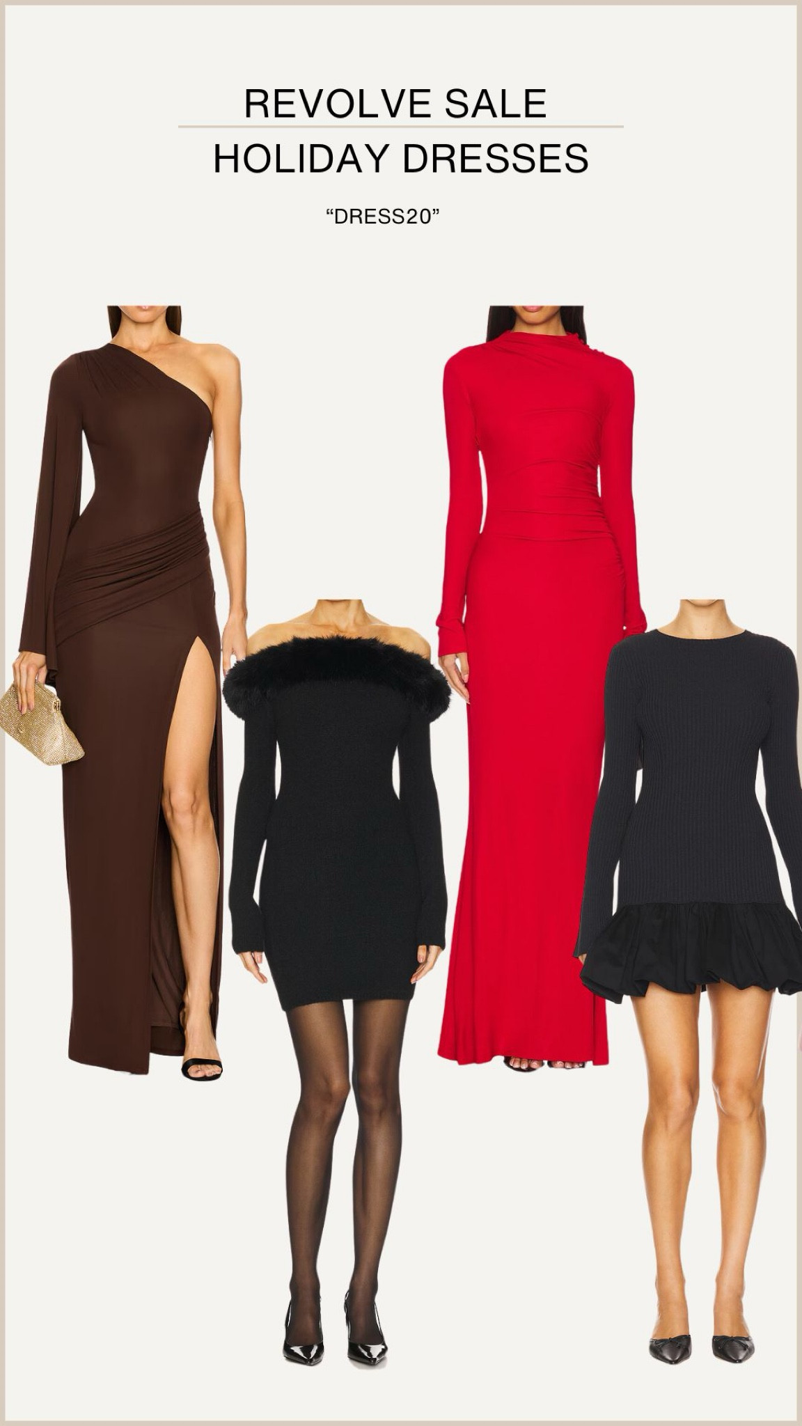 Revolve sale, Holiday dresses. Use code “dress20” 

Holiday dress, holiday outfit, brown dress, red dress, black dress, new years outfit, revolve sale, what to wear holiday party, winter wedding, wedding guest dress, short black dress, long sleeve dress 

#LTKHoliday #LTKWedding #LTKStyleTip