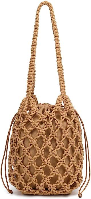 Woven Bucket Handbag for Women, Summer Beach Tote Bag Drawstring Shoulder Bag, Girls Handmade Buc... | Amazon (US)