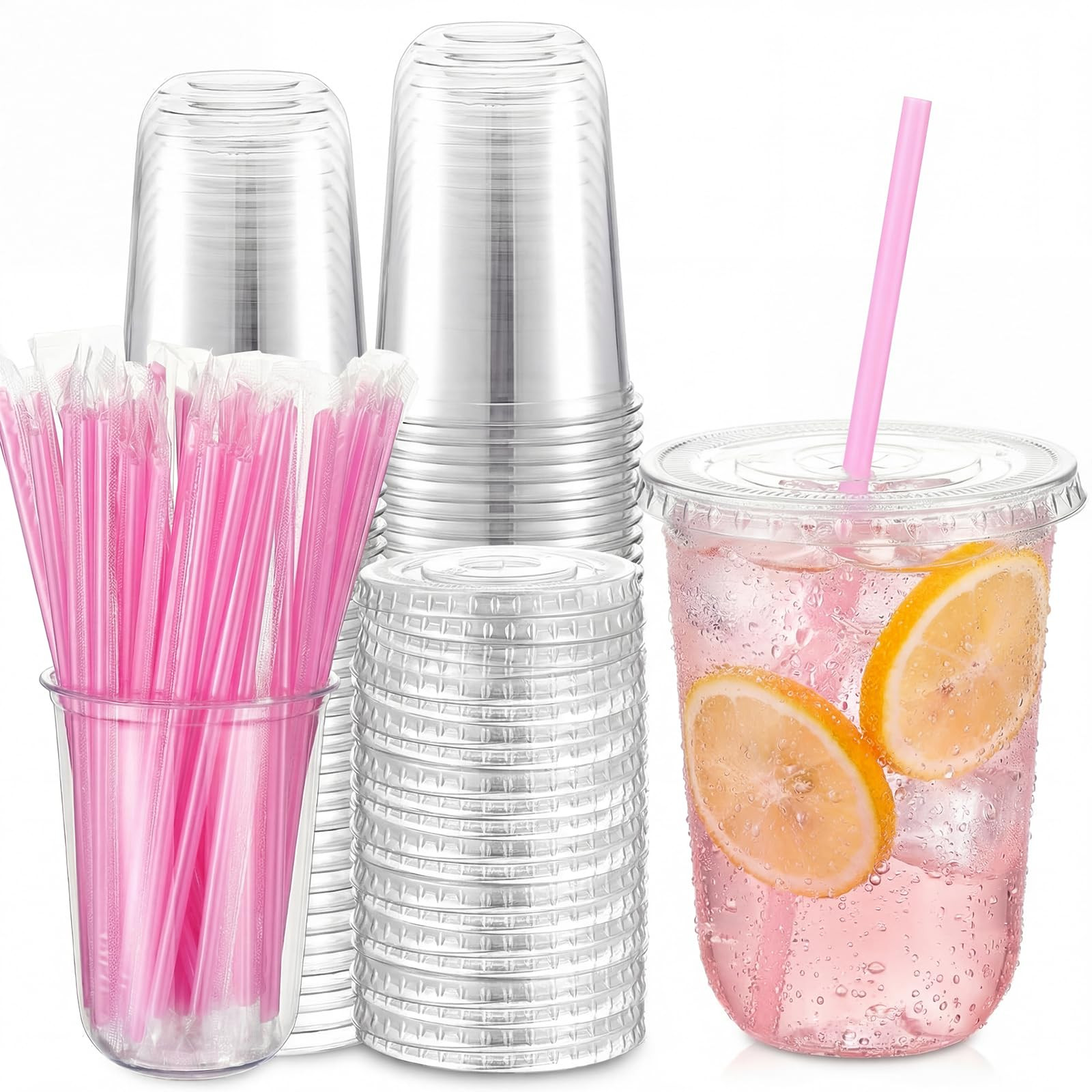 50 Pack 16 oz Clear Plastic Cups with Lids and Straws Disposable Iced Coffee Cups Round Bottom To... | Amazon (US)