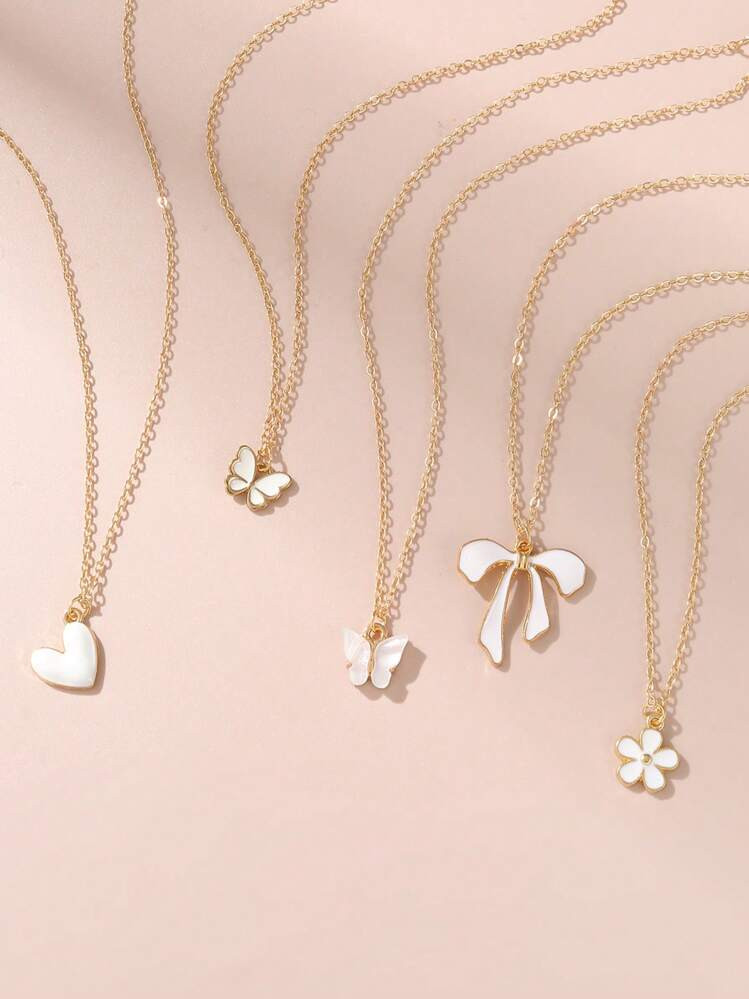 NAIZHU 5pcs/Set Children's Cute Heart And Butterfly Oil Drop Pendant Necklace Set | SHEIN