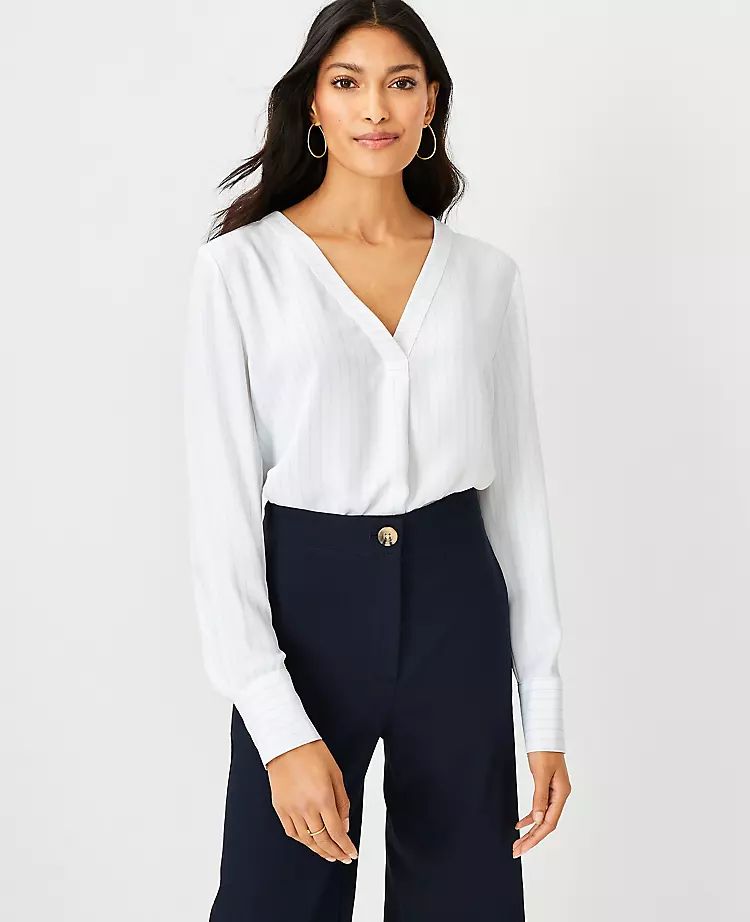 Pinstripe Mixed Media Pleat Front Top | Ann Taylor | Ann Taylor (US)