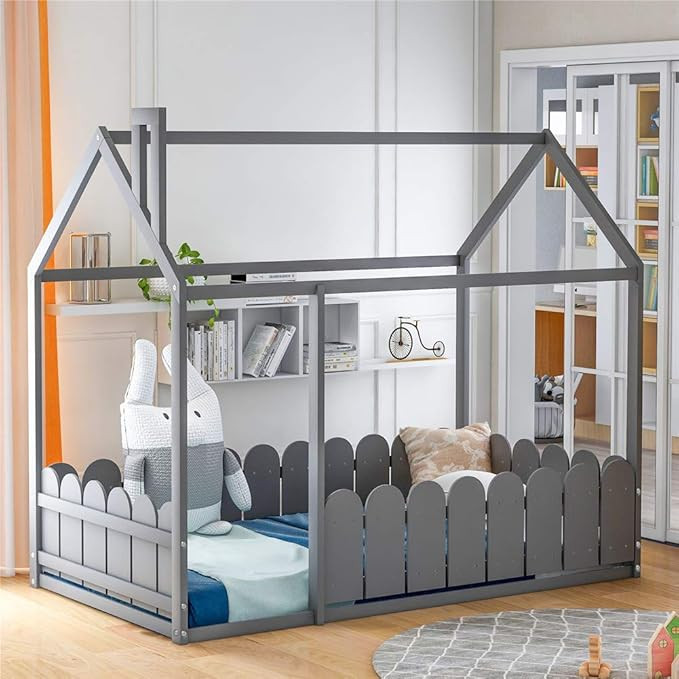 Twin Size Wood Bed House Bed Frame with Fence, Cabin Bed, Floor Bed, Nursery Furniture, Kids Tent... | Amazon (US)