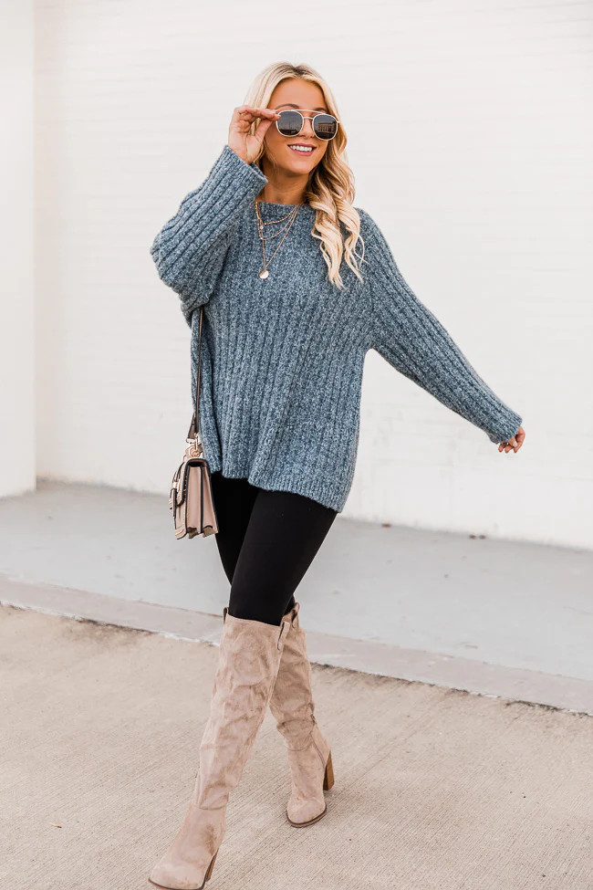 Next Step Blue Fuzzy Ribbed Sweater FINAL SALE | The Pink Lily Boutique