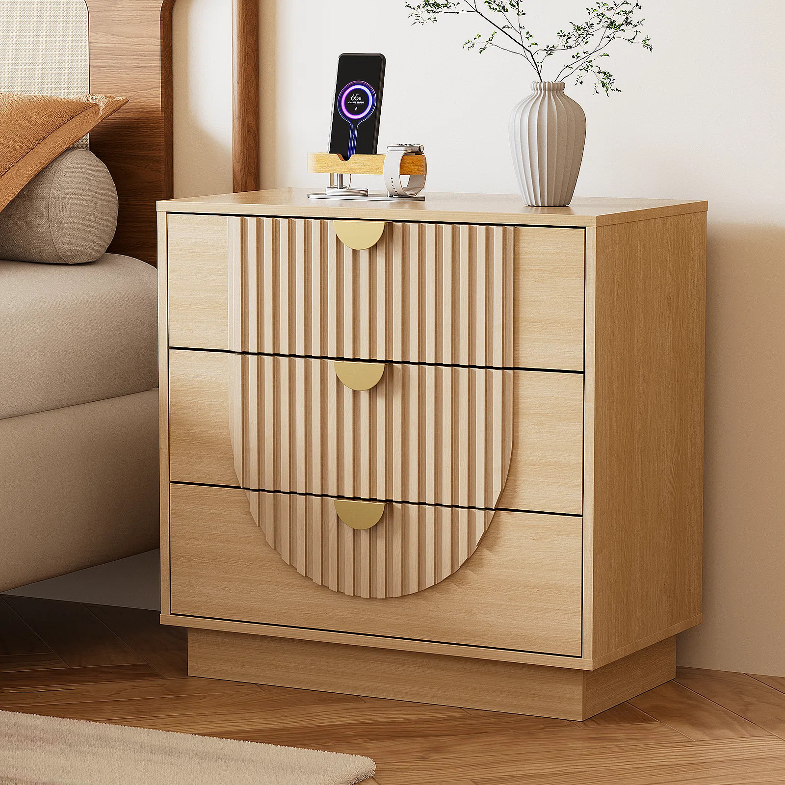 28" Fluted Night Stand & Modern Bedside Table, 3 Drawer Nightstand with Charging Station (Set of ... | Wayfair North America