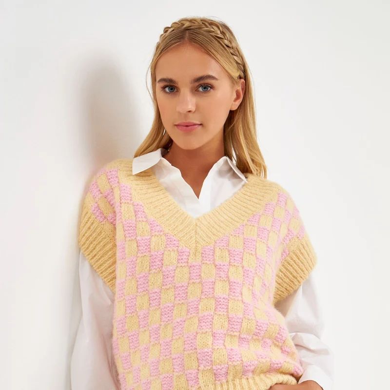English Factory Checker Knit Vest - Yellow - M | Verishop