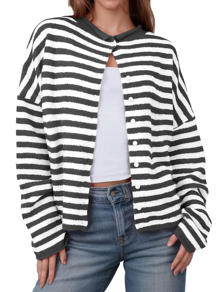 Saodimallsu Womens Striped Cardigan Casual Long Sleeve Open Front Button Down Loose Knit Lightwei... | Amazon (US)