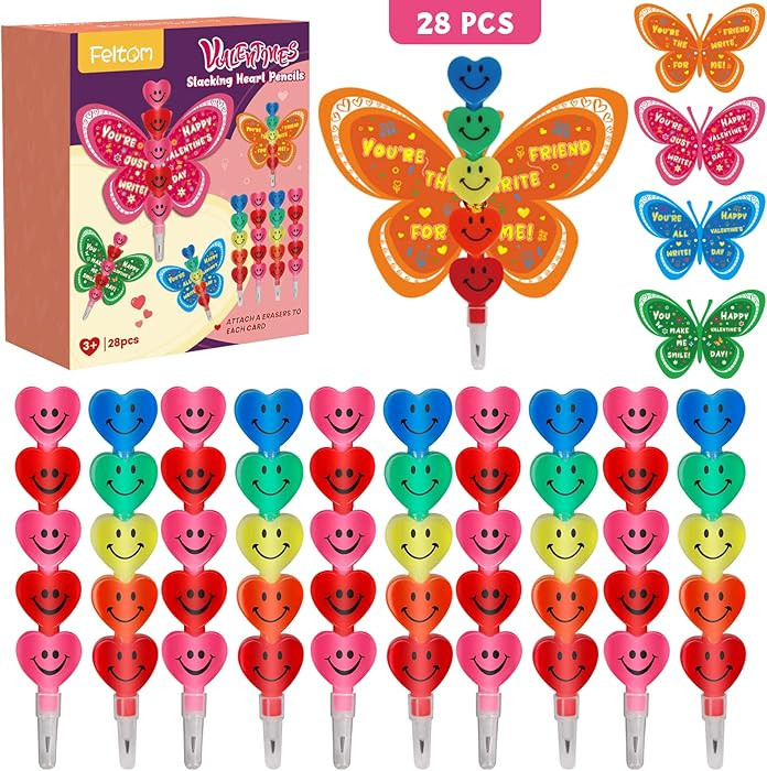 Feltom 28 Pack Valentines Day Gift Cards for Kids with Stacking Heart Pencils, Valentines Day Gif... | Amazon (US)