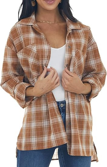 NUOREEL Womens Plaid Shirts Button Down Flannel Shirts Boyfriend Long Sleeve Shirts | Amazon (US)