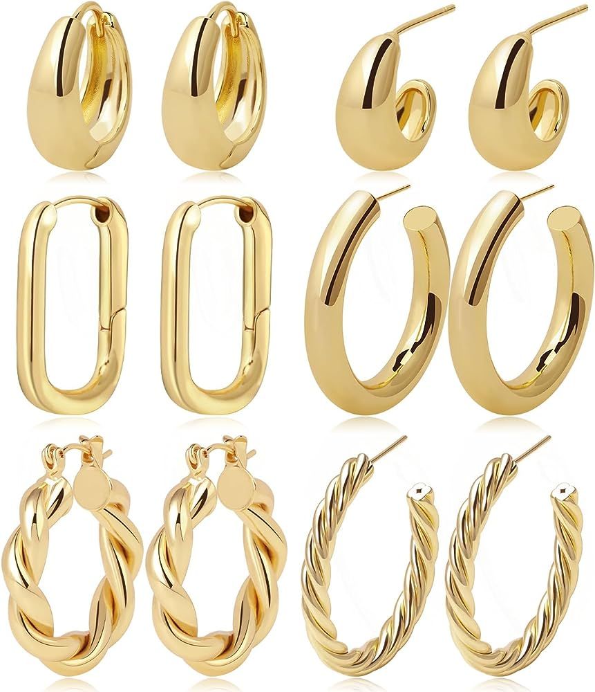 Gold Hoop Earrings Set 14k Gold Plated Huggie Earrings Hypoallergenic Chunky Thick Jewelry for Mu... | Amazon (US)