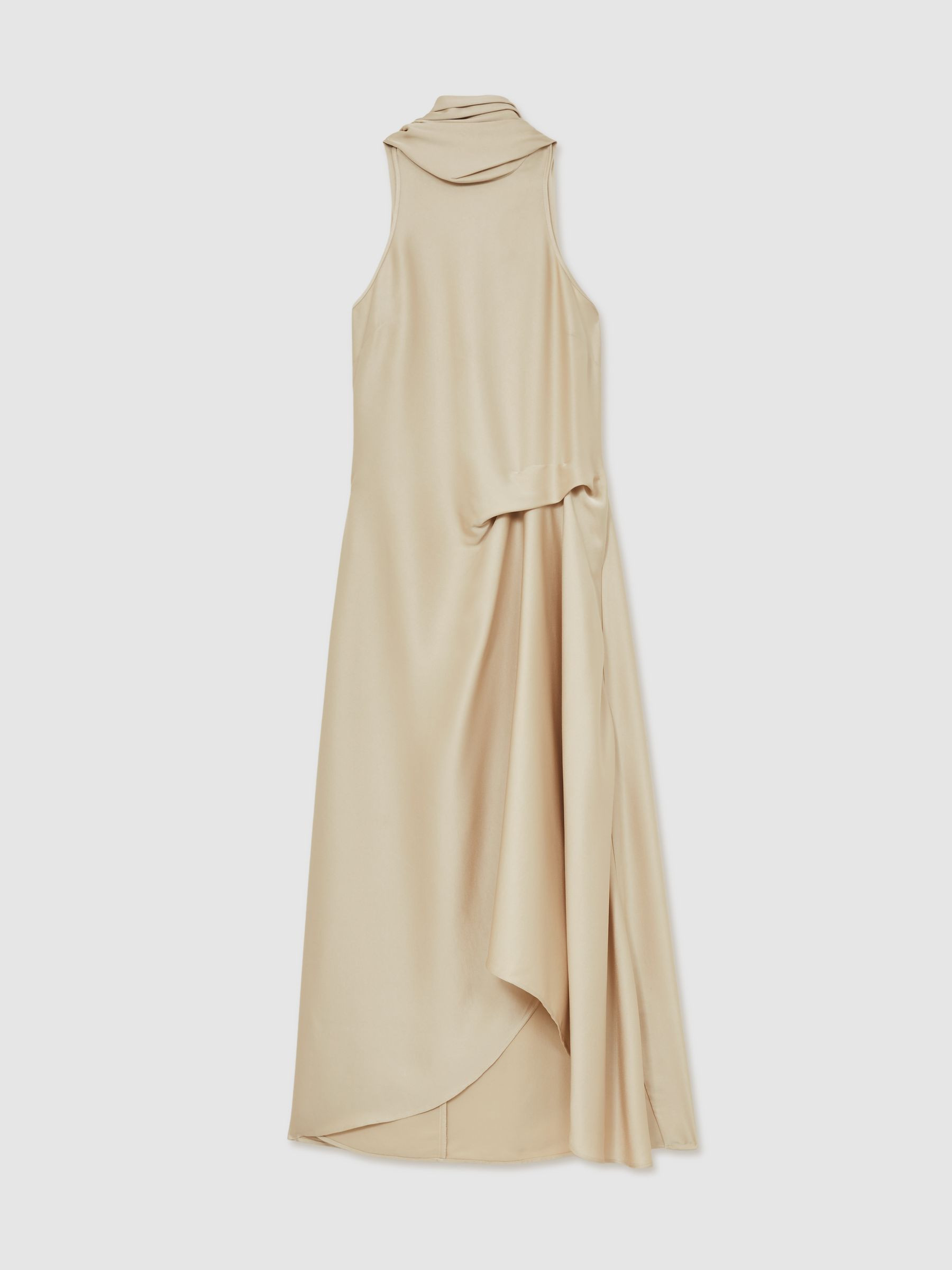 Satin Tuck-Detail Cape Midi Dress in Champagne Neutral | Reiss US