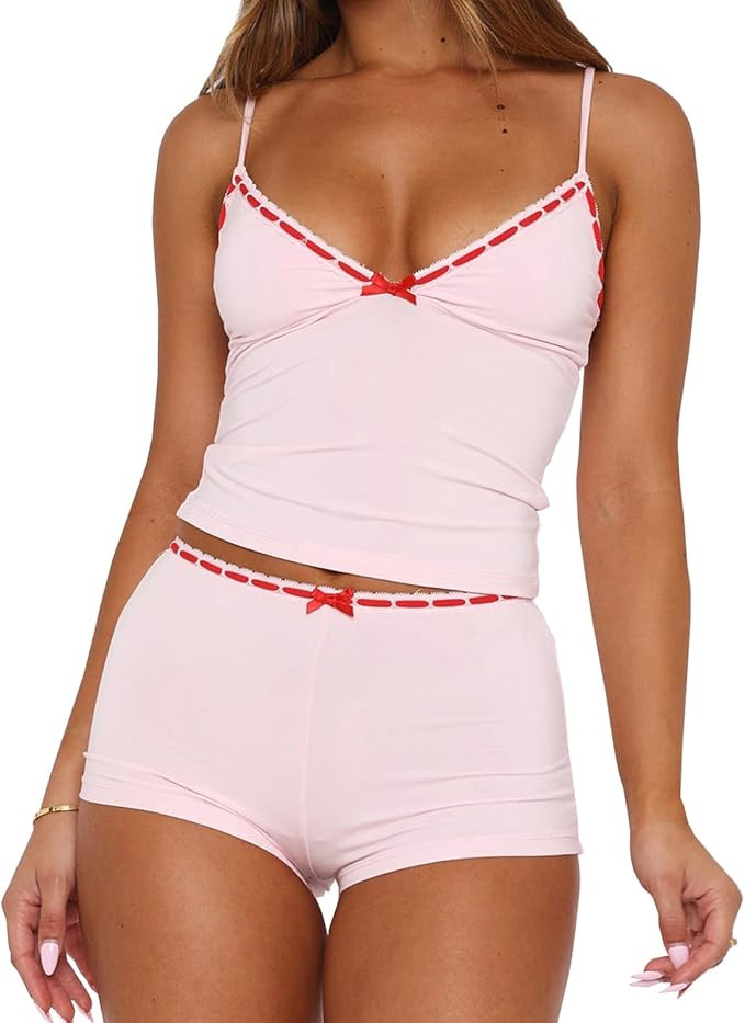 RUEWEY Women 2 Pieces Pajamas Set Bow Loungewear V-Neck Sleeveless Cami Tops and Shorts Sleepwear... | Amazon (US)